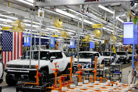 Hummer EV are seen on the production line as U.S. President Joe Biden tours the General Motors 'Factory ZERO' electric vehicle assembly plant, in Detroit, Michigan, U.S. November 17, 2021. 