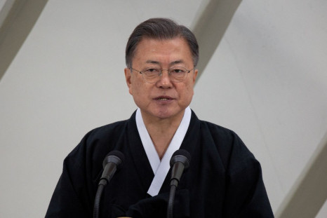 South Korean President Moon Jae-in speaks during a ceremony of the 103rd anniversary of the March 1st Independence Movement Day in Seoul, South Korea, March 1, 2022. Jeon Heon-Kyun/Pool via 