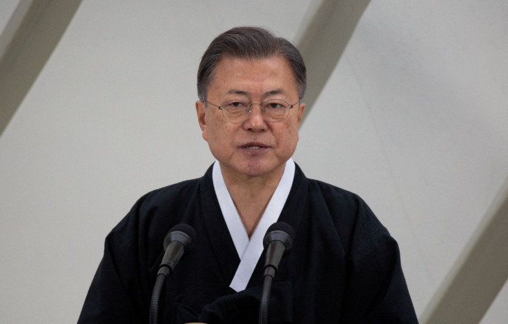 South Korean President Moon Jae-in speaks during a ceremony of the 103rd anniversary of the March 1st Independence Movement Day in Seoul, South Korea, March 1, 2022. Jeon Heon-Kyun/Pool via 