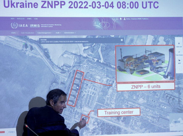 International Atomic Energy Agency (IAEA) Director General Rafael Grossi points on a map of a Ukrainian power plant during a news conference in Vienna, Austria March 4, 2022.