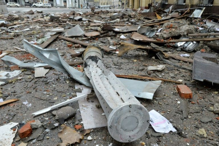 Part of a rocket following apparent shelling by Russian forces in Ukraine's second-biggest city of Kharkiv