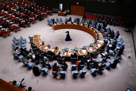 A general view of the United Nations Security Council meeting after Russia's invasion of Ukraine, at the United Nations Headquarters in Manhattan, New York City, New York, U.S. February 28, 2022. 