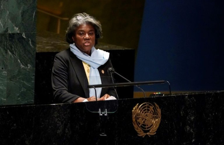 US Ambassador to the United Nations Linda Thomas-Greenfield speaks at the UN General Assembly Emergency session in New York on March 2, 2022