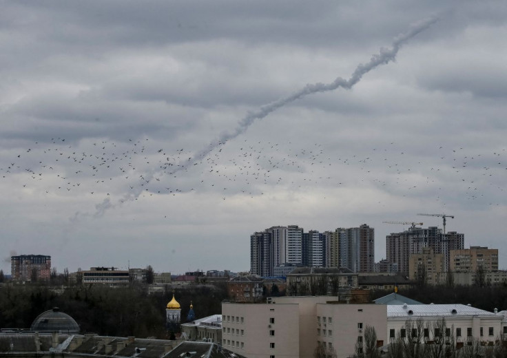 A trail of rocket smoke is seen in the sky over Kyiv, Ukraine March 5, 2022. 