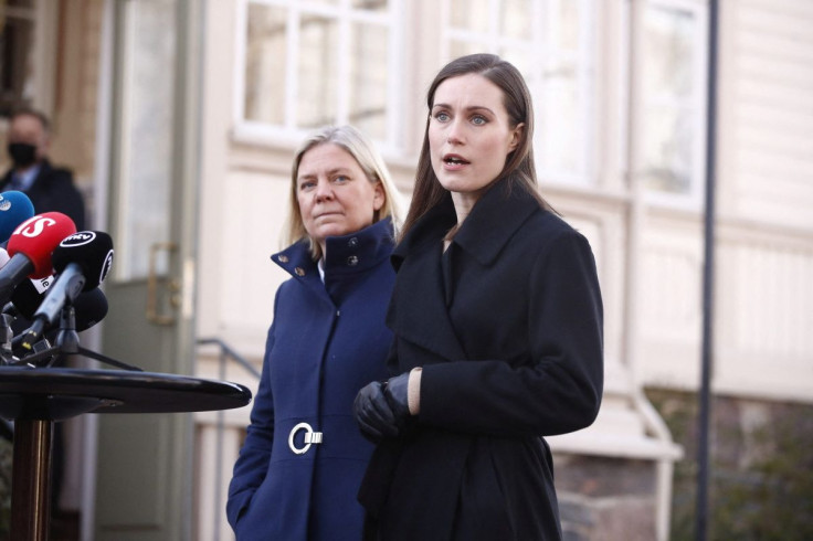 Finland's Prime Minister Sanna Marin and her Swedish counterpart Magdalena Andersson speak to the media outside the Prime Minister's official residence, Kesaranta in Helsinki, Finland March 5, 2022. Roni Rekomaa/Lehtikuva/via REUTERS  