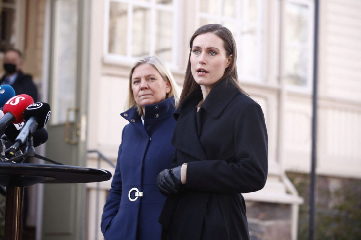 Finland's Prime Minister Sanna Marin and her Swedish counterpart Magdalena Andersson speak to the media outside the Prime Minister's official residence, Kesaranta in Helsinki, Finland March 5, 2022. Roni Rekomaa/Lehtikuva/via REUTERS