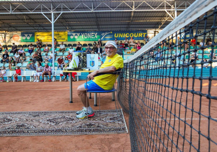 The world's oldest tennis player Ukrainian Leonid Stanislavskyi, 97, takes part in an award ceremony of the Guinness World Record certificate in Kharkiv, Ukraine July 7, 2021. Picture taken July 7, 2021.