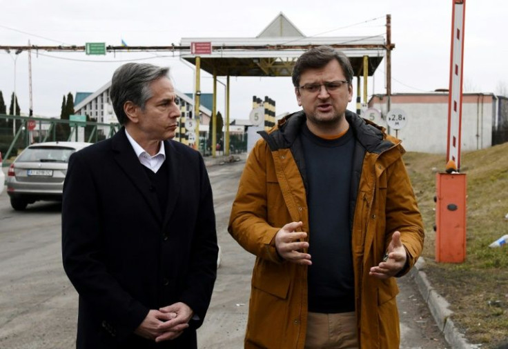 US Secretary of State Antony Blinken and Ukrainian Foreign Minister Dmytro Kuleba speak to the media after meeting at the Ukrainian-Polish border crossing in Korczowa, Poland
