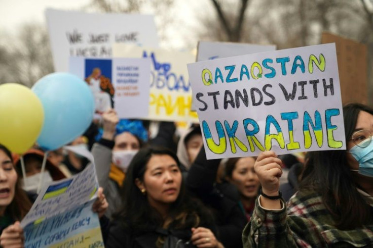 Demonstrators showed their support for Ukraine at a rally in Almaty, capital of Russian ally Kazakhstan