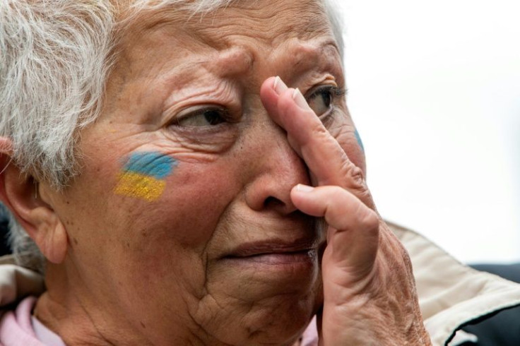Ukrainian Nina Ryepinskaya, 73, is overcome with emotion as she participates in a rally in support of Ukraine on March 6, 2022 in Boston, Massachusetts