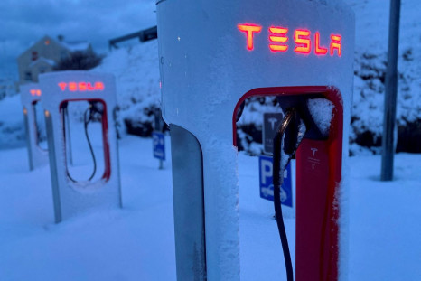 Tesla electric vehicle chargers are seen during the winter in Hofn, Iceland, February 16, 2022. 
