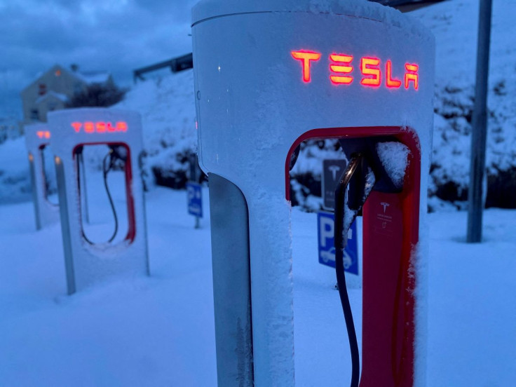 Tesla electric vehicle chargers are seen during the winter in Hofn, Iceland, February 16, 2022. 