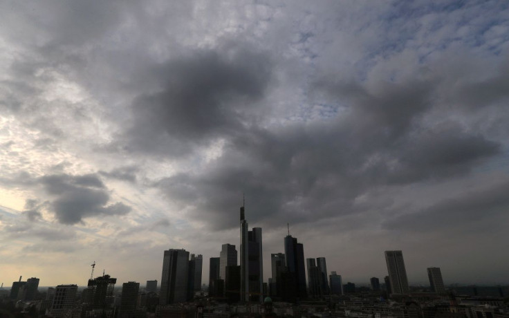 Dark clouds are seen over the skyline with its bank towers in Frankfurt, Germany, October 23, 2016.   