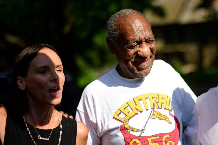Bill Cosby stands next to lawyer Jennifer Bonjean outside his home after Pennsylvania's highest court overturned his sexual assault conviction and ordered him released from prison immediately, in Elkins Park, Pennsylvania, U.S., June 30, 2021.  