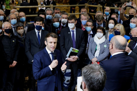 France's President Emmanuel Macron delivers a speech to representatives of the agricultural world as he visits the Paris International Agricultural Show (Salon International de l'Agriculture) at the Porte de Versailles exhibition centre in Paris, France, 