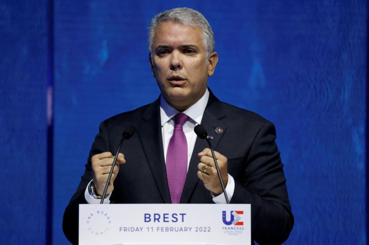 Colombian President Ivan Duque speaks during the High Level Segment session of the One Ocean Summit in Brest, France February 11, 2022. Ludovic Marin /Pool via 