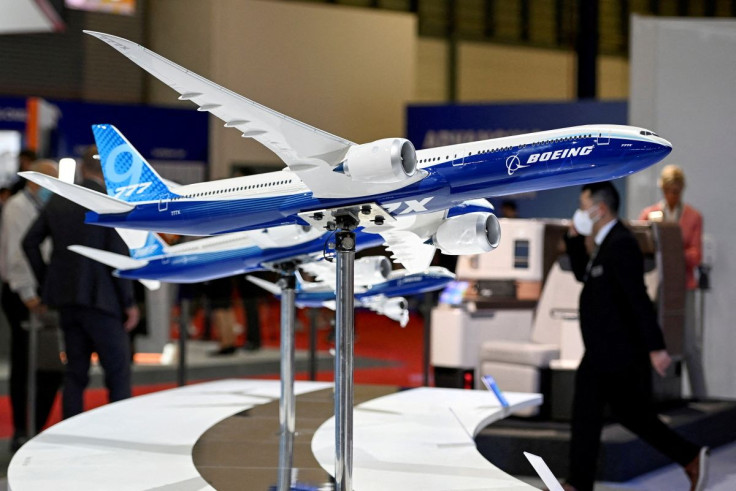 Boeing plane models are seen at the Boeing pavilion at the Singapore Airshow in Singapore, February 16, 2022. 