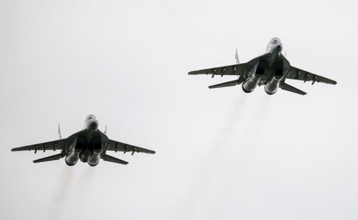 MIG-29 fighter aircrafts fly at a military air base in Vasylkiv, Ukraine, August 3, 2016.  