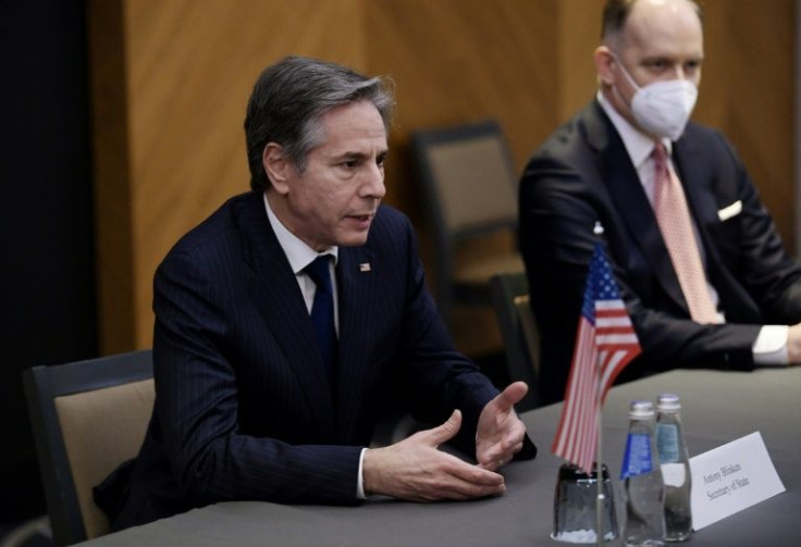 US Secretary of State Antony Blinken (L) meets with the Israeli Foreign Minister in Latvia on March 7