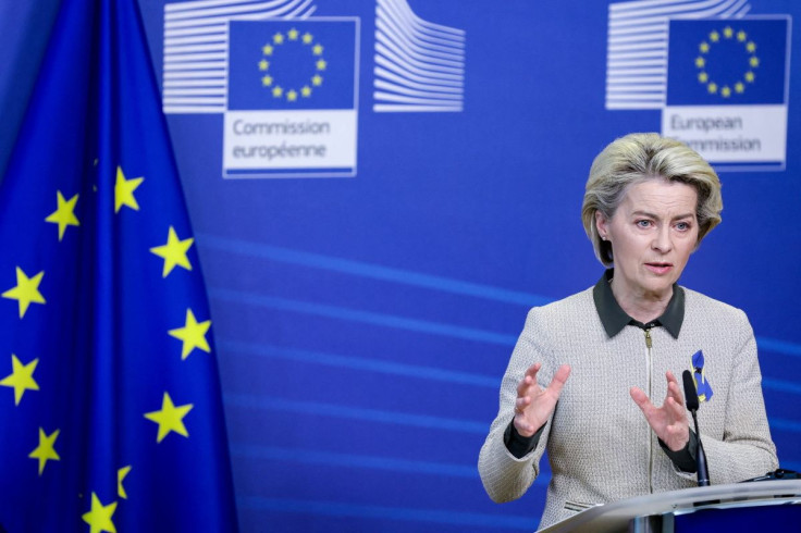 European Commission President Ursula von der Leyen delivers a statement before her meeting with the Italian Prime Minister Mario Draghi at the headquarters of the European Commission in Brussels, Belgium March 7, 2022 Kenzo Tribouillard/Pool via REUTERS