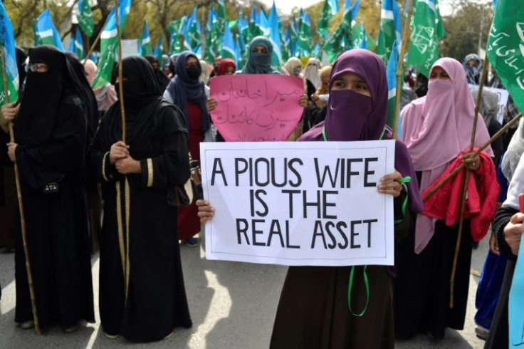 Women from religious groups staged counter rallies to the marches demanding more rights on International Women's Day