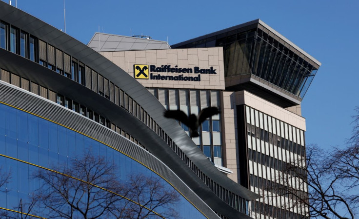 The logo of Raiffeisen Bank International is seen on their headquarters in Vienna, Austria, March 1, 2022.  