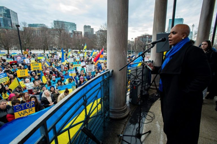 Democratic congresswoman Ayanna Pressley speaks at a rally in support of Ukraine, as some demonstrators attempt to drown her out by chanting "ban Russian oil" in Boston, Massachusetts, on March 6, 2022