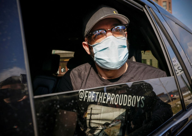 Proud Boys leader Enrique Tarrio speaks to members of the media as he leaves the D.C. Central Detention Facility where he had been held since September 2021, in Washington, U.S., January 14, 2022. 