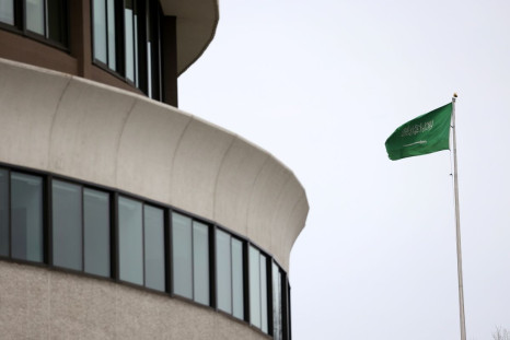 The flag of Saudi Arabia flies above the Saudi Arabia embassy near the Watergate Complex in Washington, U.S., February 26, 2021. 