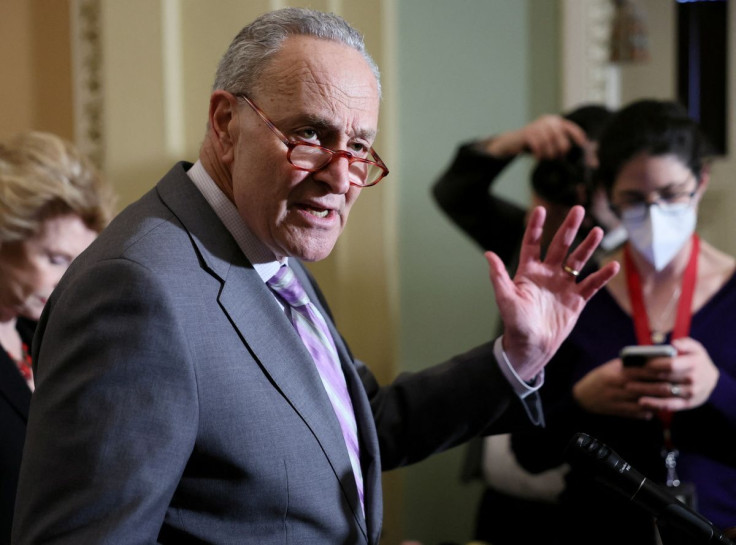 U.S. Senate Majority Leader Chuck Schumer (D-NY) speaks to reporters following the Senate Democrats weekly policy lunch at the U.S. Capitol in Washington, U.S., March 8, 2022. 