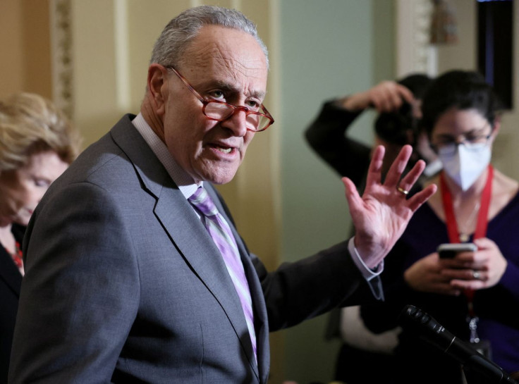 U.S. Senate Majority Leader Chuck Schumer (D-NY) speaks to reporters following the Senate Democrats weekly policy lunch at the U.S. Capitol in Washington, U.S., March 8, 2022.