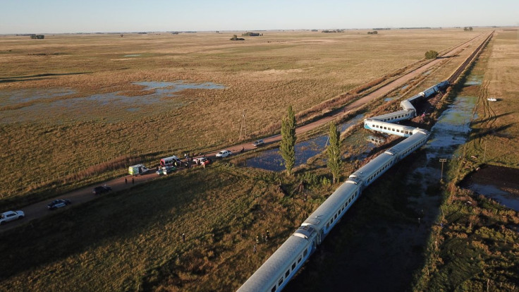 An intercity train is pictured derailed near the eastern town of Olavarria, in Argentina March 8, 2022. En Linea Noticias/Handout via REUTERS