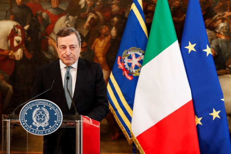 Italian Prime Minister Mario Draghi makes a statement on the Ukraine crisis in Rome, Italy, February 24, 2022. Remo Casilli/