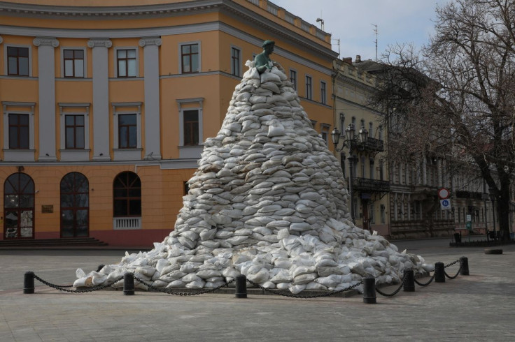 A monument of the city founder Duke de Richelieu is seen covered with sand bags for protection, amid Russia's invasion of Ukraine, in central Odessa, Ukraine March 9, 2022.