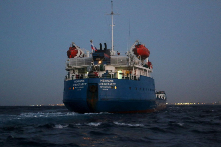 A Russian-flagged oil tanker is seen in Tripoli Naval Base after coast guard of the central region guards captured it