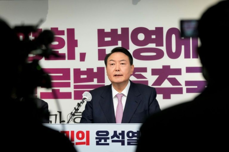 Yoon Suk-yeol, the winner of South Korea's presidential election, is seen at his party's headquarters in Seoul on January 24, 2022