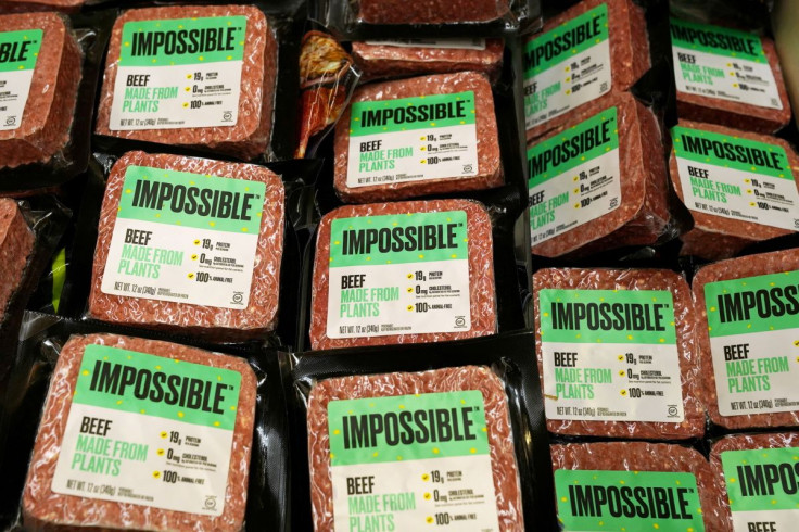 Impossible Foods plant-based beef products are seen inside a refrigerator at the meat section of a chain supermarket in Hong Kong, China, October 20, 2020. 
