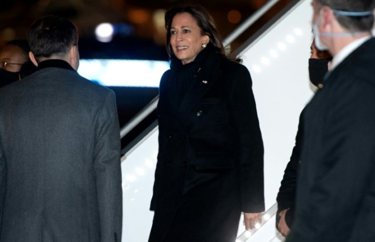 US Vice President Kamala Harris disembarks from Air Force Two upon arrival in Warsaw, Poland on March 9, 2022 to attend meetings about the conflict in Ukraine