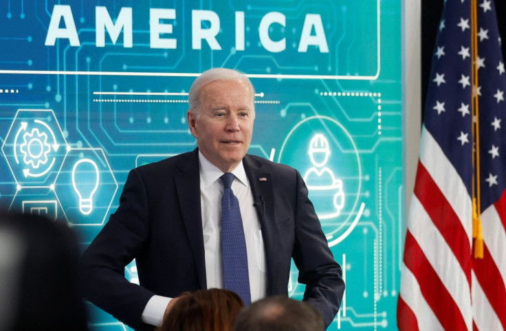 U.S. President Joe Biden speaks as he and Commerce Secretary Gina Raimondo (not pictured) hold a virtual meeting with business leaders and state governors to discuss supply chain problems, particularly addressing semiconductor chips, on the White House ca