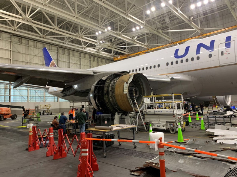 The damaged starboard engine of United Airlines flight 328, a Boeing 777-200, is seen following a February 20 engine failure incident, in a hangar at Denver International Airport in Denver, Colorado, U.S. February 22, 2021. National Transportation Safety 