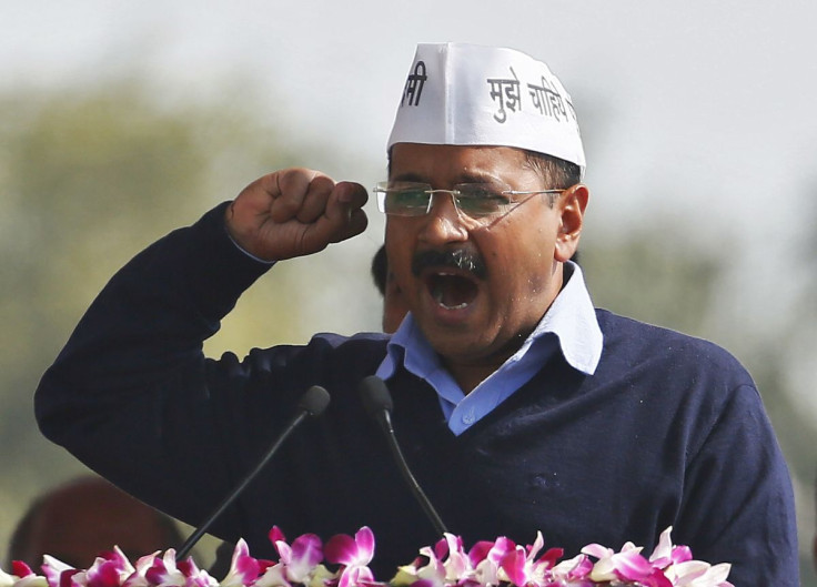 Arvind Kejriwal, chief of Aam Aadmi (Common Man) Party (AAP), addresses his supporters after taking the oath as the new chief minister of Delhi during a swearing-in ceremony at Ramlila ground in New Delhi February 14, 2015.