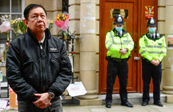 Myanmar's ambassador Kyaw Zwar Minn stands, after he was locked out of the embassy, and sources said his deputy had shut him out of the building and taken charge on behalf of the military, outside the Myanmar Embassy in London, Britain, April 8, 2021. 
