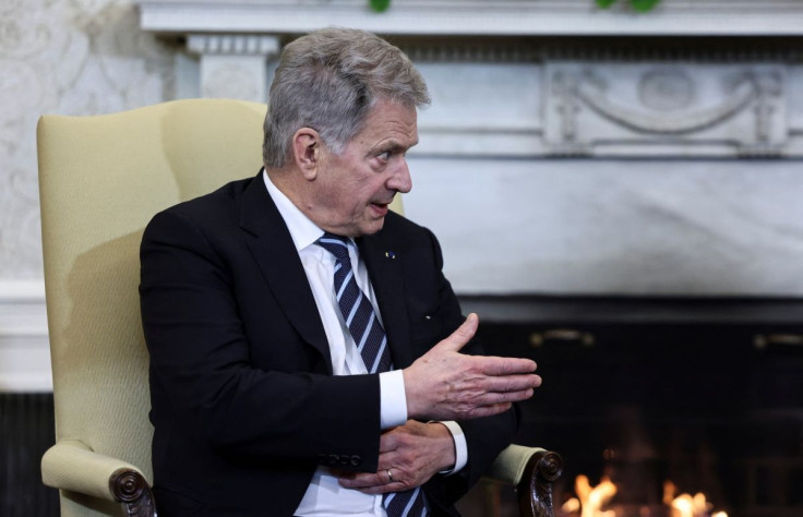 Finland's President Sauli Niinisto speaks as he meets with U.S. President Joe Biden  to discuss "Russia's attack on Ukraine, in the Oval Office at the White House in Washington, U.S., March 4, 2022. 