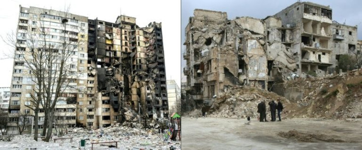 A combination of file pictures shows an apartment building in Ukraine's Kharkiv on March 8, 2022 (L) and a destroyed building in Syria's old city of Aleppo on December 17, 2016