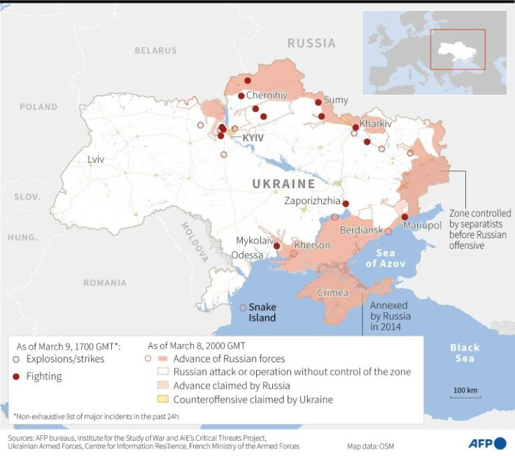 Map of Ukraine locating areas where major explosions, strikes and fighting have been reported and under Russian control. Updated as of March 8, 2022, at 2000 GMT