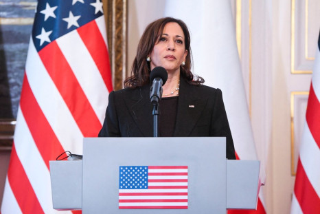 U.S. Vice President Kamala Harris attends a news conference with Polish President Andrzej Duda (not pictured) at Belwelder Palace, amid Russia's invasion of Ukraine, in Warsaw, Poland March 10, 2022.  Saul Loeb/Pool via REUTERS