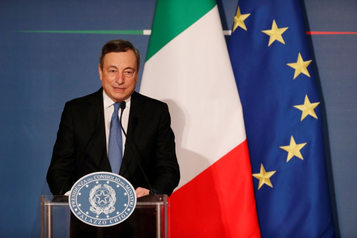 Italian Prime Minister Mario Draghi holds his end-of-year news conference in Rome, Italy, December 22, 2021. 