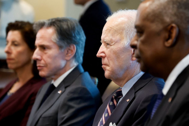 U.S. President Joe Biden, Defense Secretary Lloyd Austin, Secretary of State Antony Blinken and Commerce Secretary Gina Raimondo attend a meeting with Colombia's President Ivan Duque in the Cabinet Room at the White House, in Washington, U.S., March 10, 2