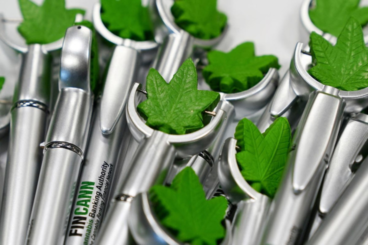Pens featuring a marijuana leaf are pictured on a table at the Cannabis World Congress & Business Exposition (CWCBExpo) in the Manhattan borough of New York City, New York, U.S., November 5, 2021. 