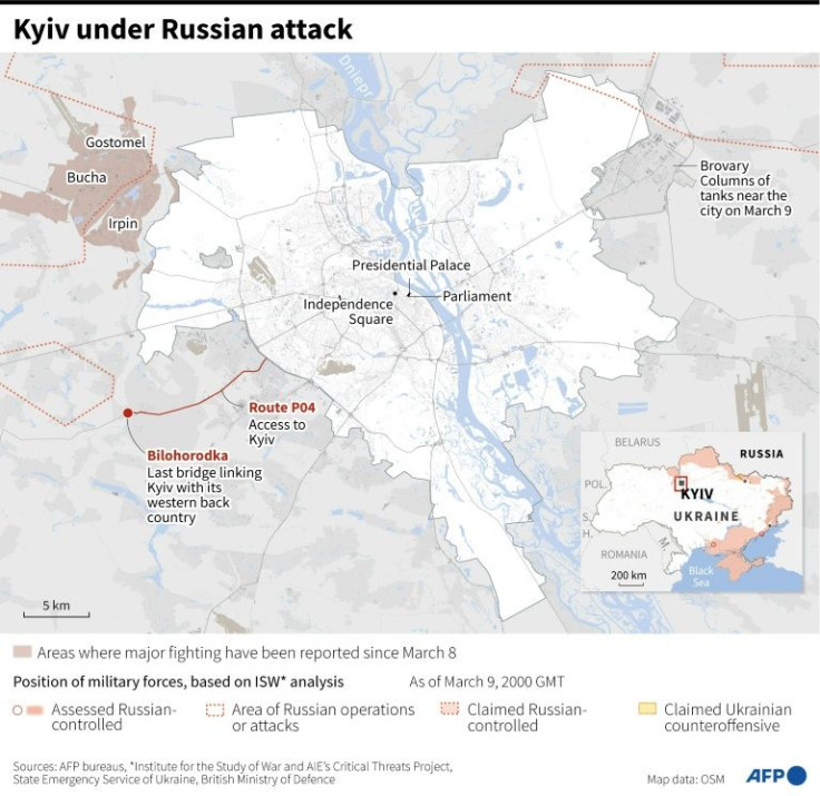 Map of Kyiv locating Bilohorodka, the last bridge linking Kyiv to its western back country, and the principal areas under recent attack